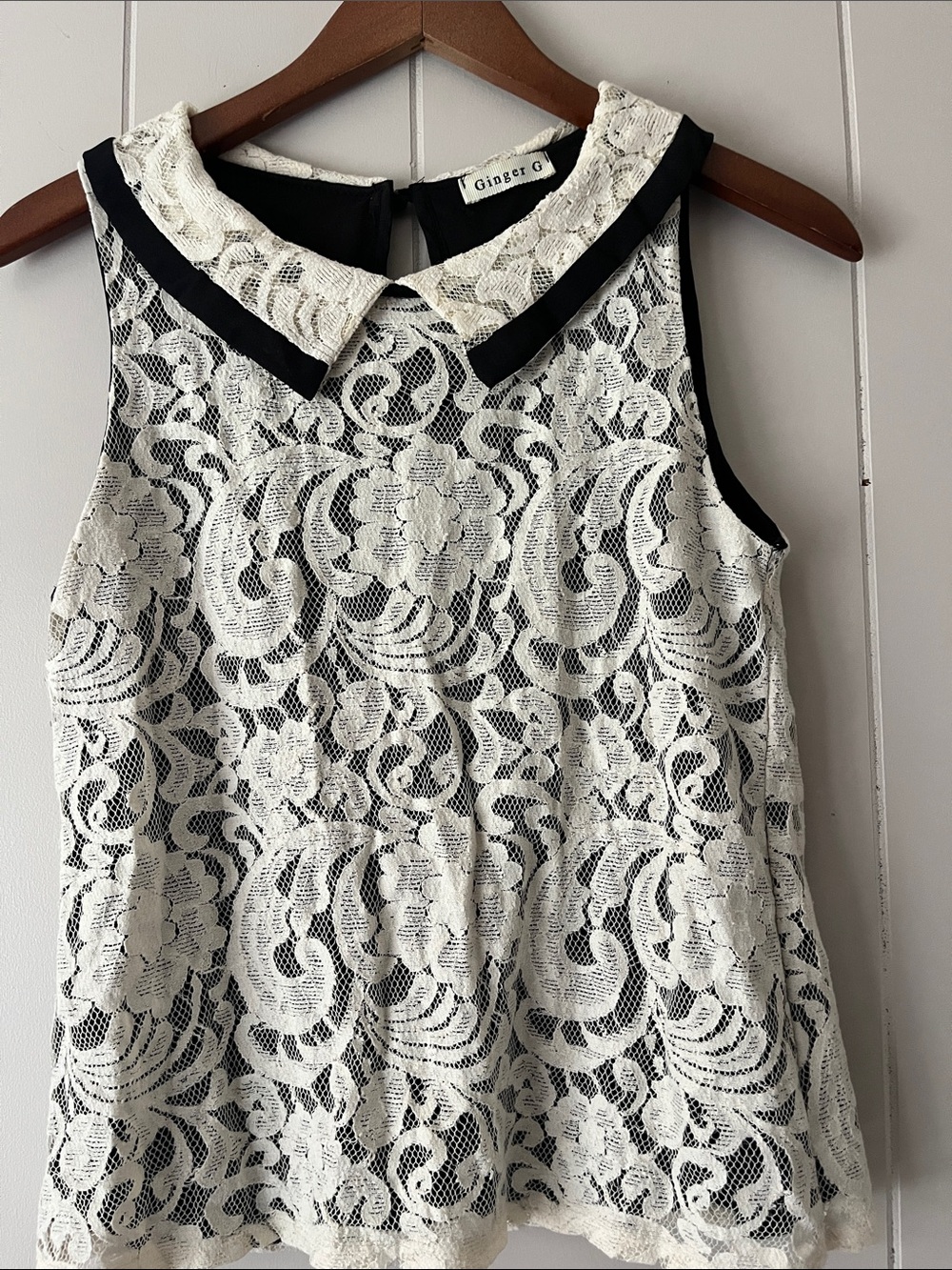 Ginger G Ivory Lace Sleeveless Top with Black Trimmed Peter Pan Collar